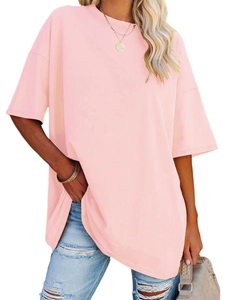 Detailed view of light pink oversized short sleeve t-shirt with classic round neckline
