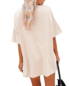 Back view of beige oversized cotton T-shirt dress with drop shoulders and a casual fit