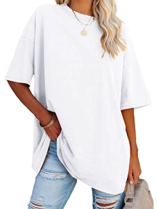 Close-up of a white loose-fit cotton T-shirt with drop shoulders and necklace detail
