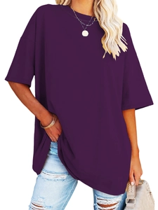 Detail of oversized dark purple round neck T-shirt with drop shoulder and loose fit