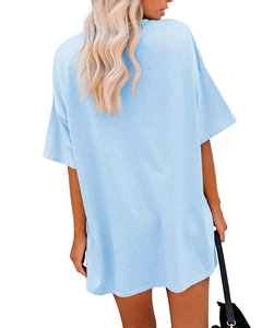 Detail view showing the loose fit and drape of a light blue short sleeve t-shirt