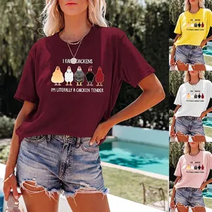 T-Shirt En Coton Pour Femmes Col Rond Manches Courtes Imprimé Graphique Poulet Drôle Slogan Humoristique Haut Décontracté Été