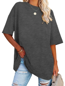 Detail view of loose fit dark grey round neck t-shirt with drop shoulder sleeves