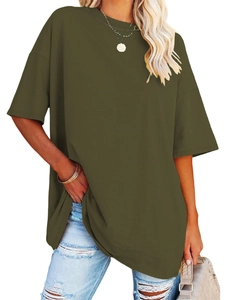 Detail of army green oversized crew neck t-shirt in a casual streetwear style