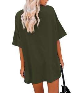 Back view of oversized army green cotton t-shirt dress with loose fit and long length