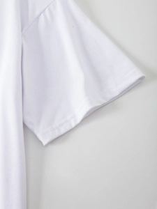 Close-up of clean double-needle stitching on the white cotton short sleeve t-shirt cuff