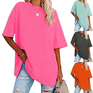 Women Oversized T-Shirt Cotton Blend Short Sleeve Round Neck Dropped Shoulder Loose Fit Solid Color Casual Streetwear