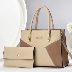 Two-piece set of beige and brown contrast color tote bag and wallet in premium PU leather
