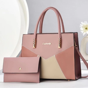 Pink and beige color block tote bag set with V-quilt pattern and matching wallet