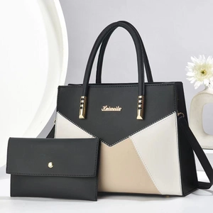 Women Fashion PU Leather Bag Set Color Contrast Splicing Large Capacity Handbag Shoulder Bag And Long Wallet Clutch Mother Bag