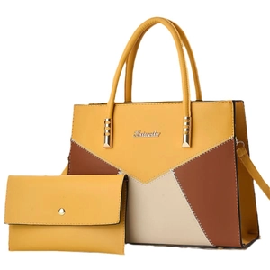 Fashion contrast color leather tote bag set with yellow brown patchwork and large capacity