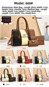 Three-piece tote bag set with contrasting panels, metal lock detail and matching pouches