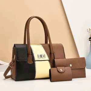 Three-piece tote bag set with color-blocking leather and removable shoulder strap