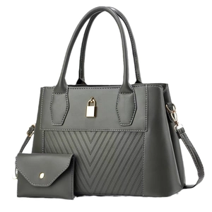 Grey tote bag and wallet set with V-quilted faux leather and golden lock clasp