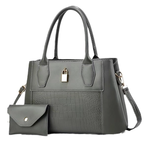 Grey stone textured two-piece tote bag set with crocodile pattern and gold hardware