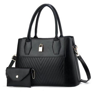 Women PU Leather Handbag And Matching Pouch Shoulder Crossbody Bag Chevron Stitching Golden Lock Large Capacity Fashion