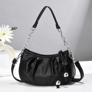 Women Pleated Dumpling Shoulder Bag PU Leather Elegant Cloud Style Handbag With Silver Chain And Metal Ball Charms