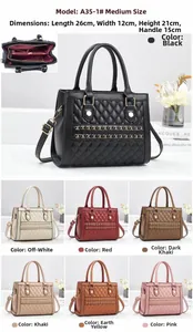 Detailed view of quilted chain handbag interior compartments and multi-color options