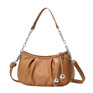 Brown pleated dumpling bag for women with silver chain handle and metallic ball charms