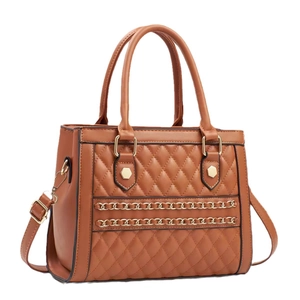 Brown quilted crossbody bag with gold chain accents and textured faux leather