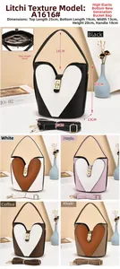 Detail of lychee textured bucket bag featuring contrast heart design and dimensions
