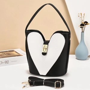 Women PU Leather Heart Patchwork Bucket Bag Chic Crossbody Shoulder Handbag Lychee Grain Gold Twist Lock Trendy