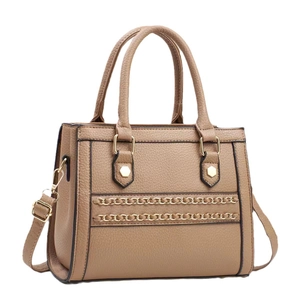 Brown textured leather handbag with gold chain detail and detachable crossbody strap