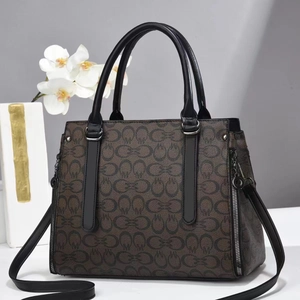 Close-up of brown monogram handbag with black handles and metallic zipper detail