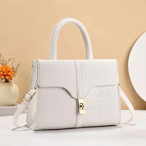 White faux leather shoulder bag with crocodile texture and golden metal buckle lock