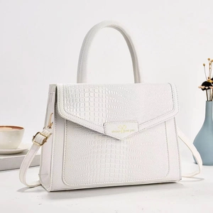 Elegant white crocodile texture satchel bag with top handle and crossbody strap
