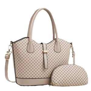 Quilted patterned tote bag set with adjustable strap and matching pouch in beige finish