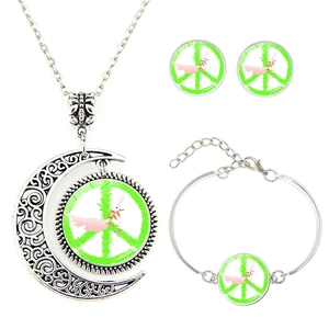 Schmuckset mit Halbmond-Halskette, Friedenssymbol und Vogel-Glascabochon-Design