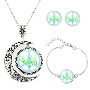 Retro Silber Schmuckset mit Mondanhänger Halskette Armband und Ohrsteckern im Friedensstil