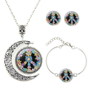 Böhmisches Retro Schmuckset Halbmond Blume Friedenszeichen Legierung Glas Cabochon Halskette Armband Ohrstecker