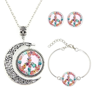 Vintage Silber Schmuckset mit Halbmond und buntem Blumen Friedenszeichen Muster