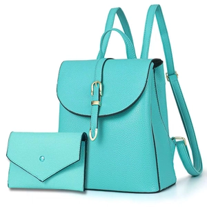 Litchi pattern turquoise leather backpack and envelope bag set with gold hardware