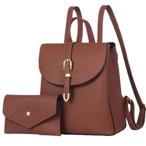 Brown litchi grain backpack set with small clutch bag and gold decorative buckle