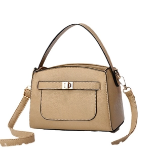 Elegant khaki lychee leather crossbody bag with top handle and golden hardware clasp