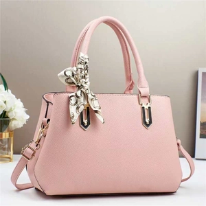 Pink lychee grain leather tote bag for women with floral scarf and adjustable shoulder strap