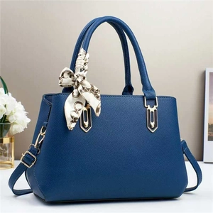 Fashionable dark blue litchi pattern leather handbag with silk scarf and gold hardware
