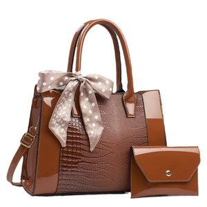 Caramel brown patchwork tote and matching envelope wallet set with a decorative scarf