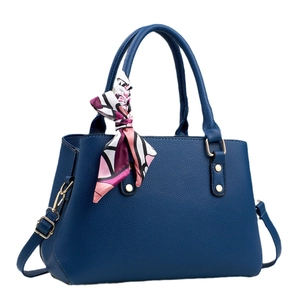 Retro deep blue leather tote bag with macaron color silk scarf and detachable strap