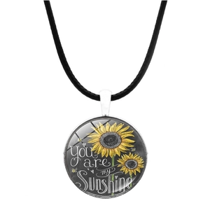 Collier pendentif tournesol You Are My Sunshine avec cordon noir et cabochon verre