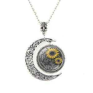 Vintage Antik Silber Zinklegierung Sonnenblume Mond Anhänger Halskette Mit Glas You Are My Sunshine Zitat Für Damen
