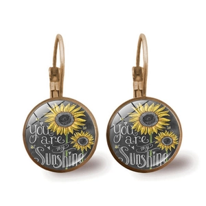 Boucles d'oreilles tournesol avec citation You Are My Sunshine et cabochon en bronze