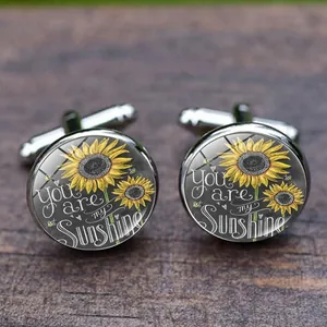 Round Men Cufflinks Alloy Glass Cabochon You Are My Sunshine Sunflower Bee Pattern For French Shirt Wedding Business