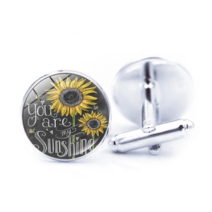 Polished silver cufflinks with sunflower design and You Are My Sunshine quote