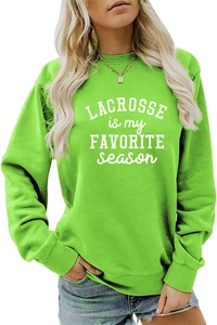 Detail of neon green crewneck sweatshirt with Lacrosse is my Favorite Season white print