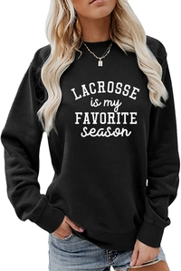 Close-up of black crewneck sweatshirt featuring white Lacrosse printed lettering design