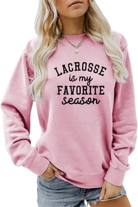 Detail of pink lacrosse sweatshirt showing ribbed cuffs and black letter print quality